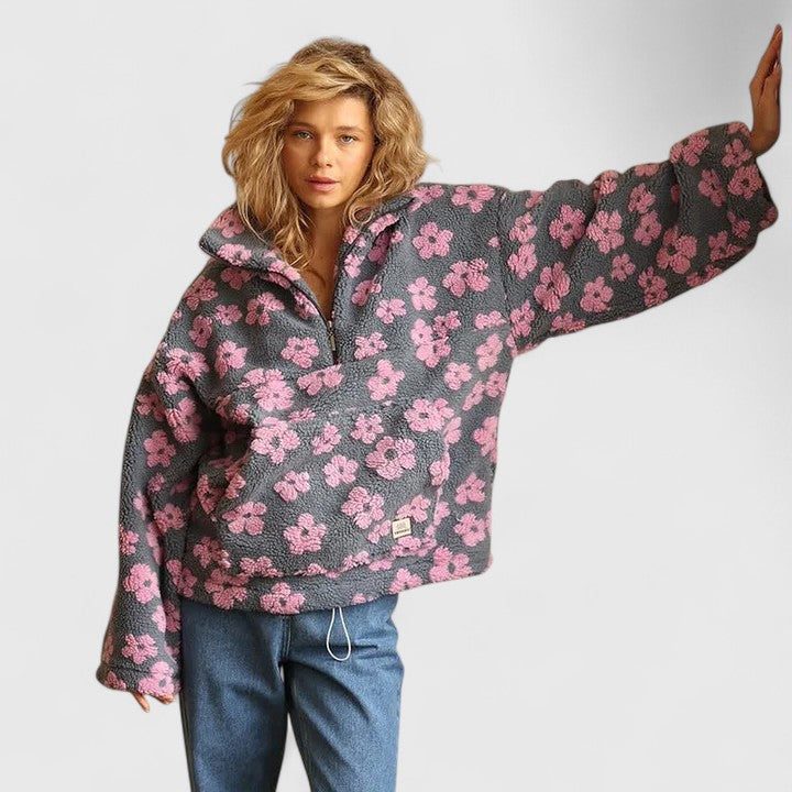 Briony | Fleece trui met halve rits en bloemenmotief voor dames