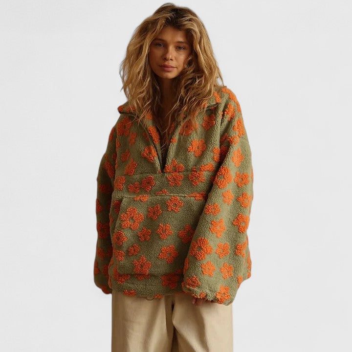 Briony | Fleece trui met halve rits en bloemenmotief voor dames