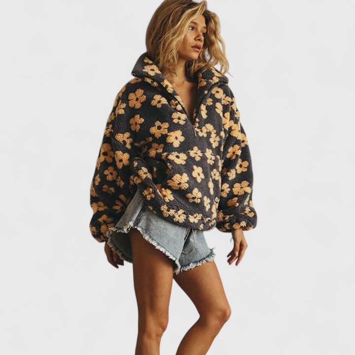 Briony | Fleece trui met halve rits en bloemenmotief voor dames