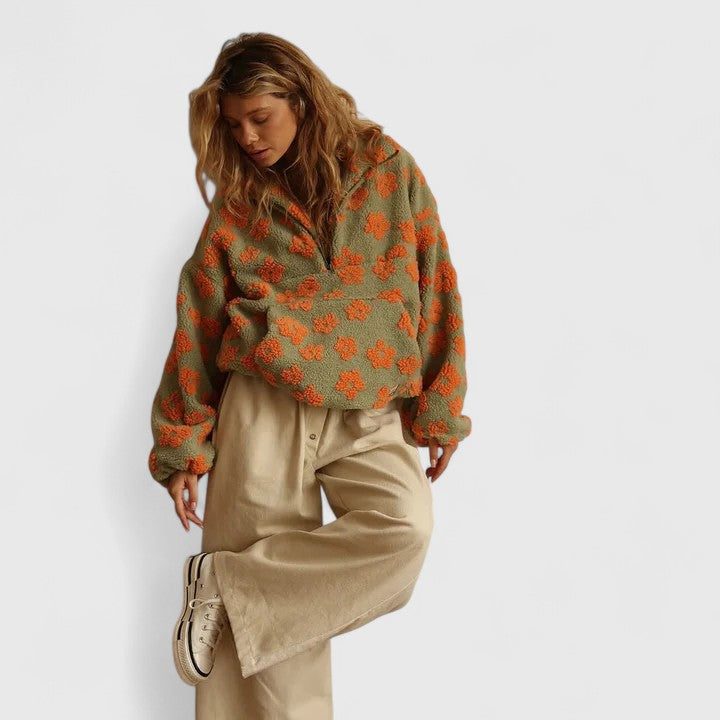 Briony | Fleece trui met halve rits en bloemenmotief voor dames