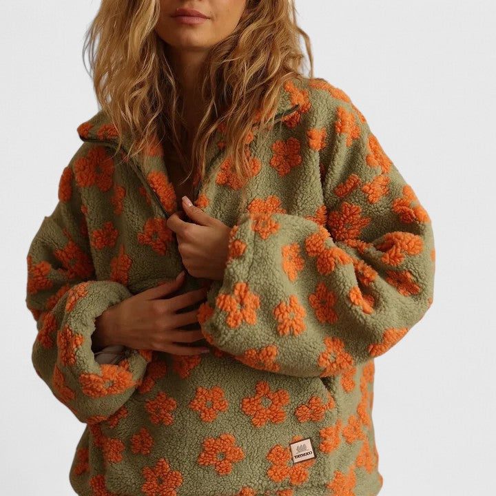 Briony | Fleece trui met halve rits en bloemenmotief voor dames