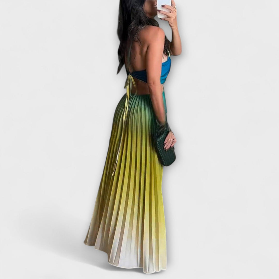 Haven - Chic rugloze kraag gradient plissé maxikleed