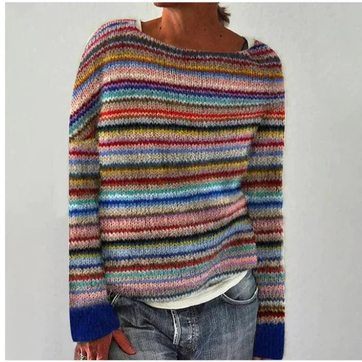 Selene | Ribgebreide trui met ronde hals en gestreepte pas voor dames
