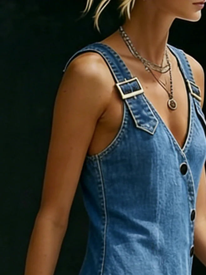 Vera - Lange Denim Jurk met Knopen