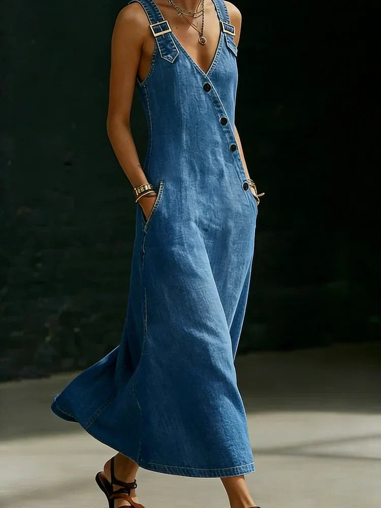 Vera - Lange Denim Jurk met Knopen