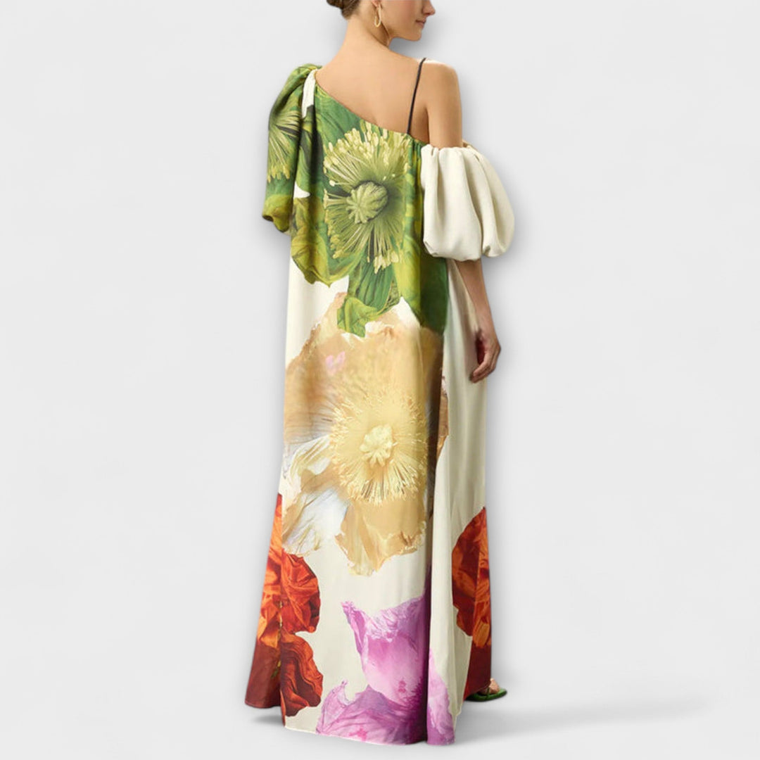 Skylar - Maxikleed met bloemenprint, schuine halslijn en puffmouwen