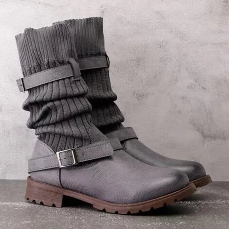 Calista | Slouchy winterlaarzen met gebreide schacht en gespbanden voor dames