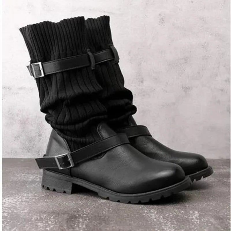 Calista | Slouchy winterlaarzen met gebreide schacht en gespbanden voor dames