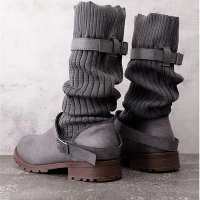 Calista | Slouchy winterlaarzen met gebreide schacht en gespbanden voor dames