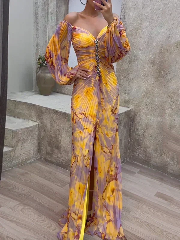 Ilaria | Off-shoulder maxijurk met gedrapeerde driekwartmouwen voor trouwgasten