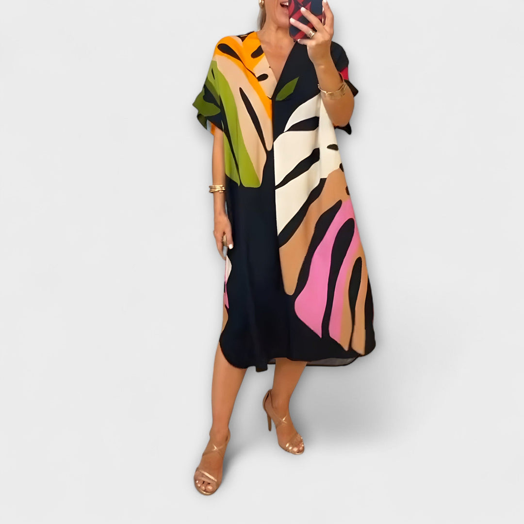 Roos - Casual Jurk met Kleurrijke Bladerenprint