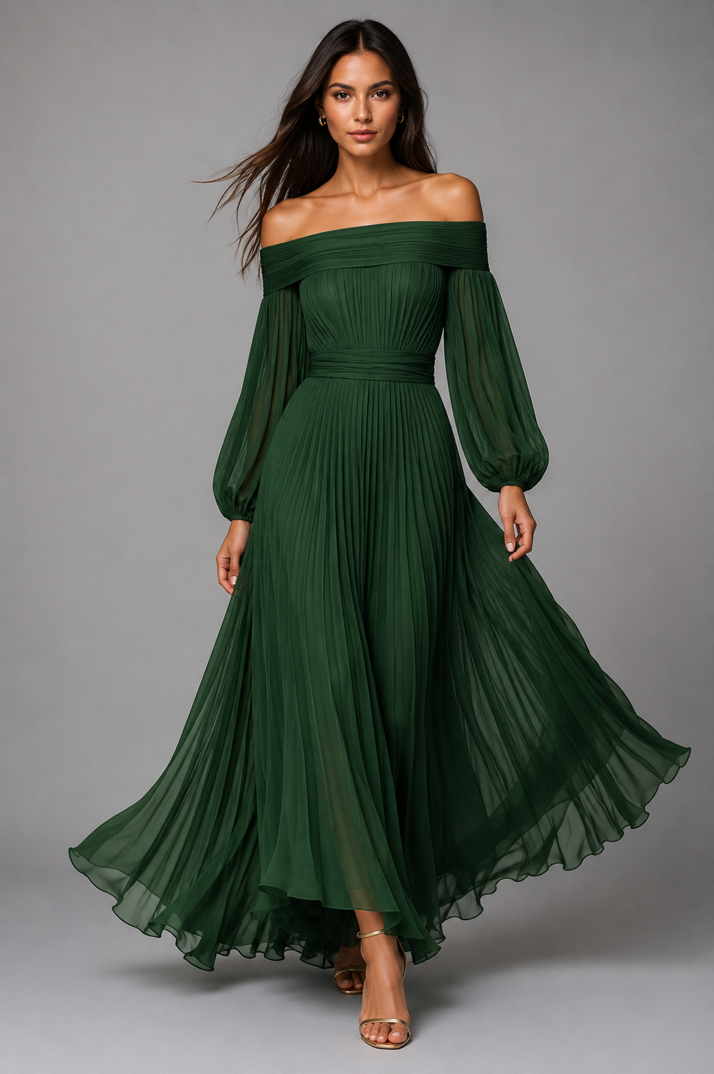 Dilys | Geplisseerde off-shoulder maxijurk voor trouwgasten in de herfst