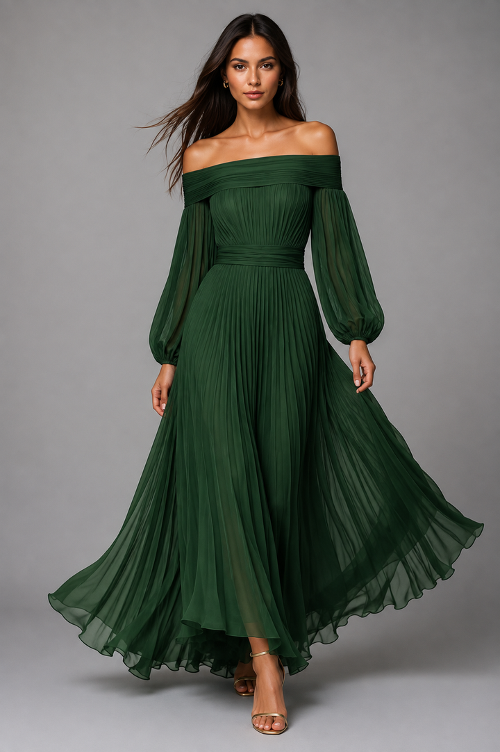 Dilys | Geplisseerde off-shoulder maxijurk voor trouwgasten in de herfst