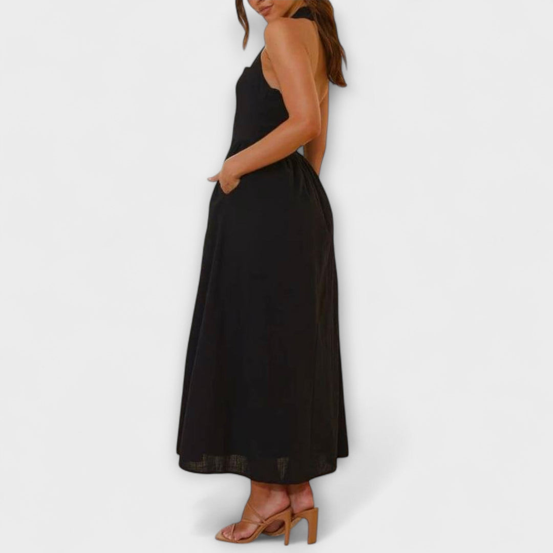 Lydia - Midi-Lengte Zwarte Halterjurk met Taille Detail
