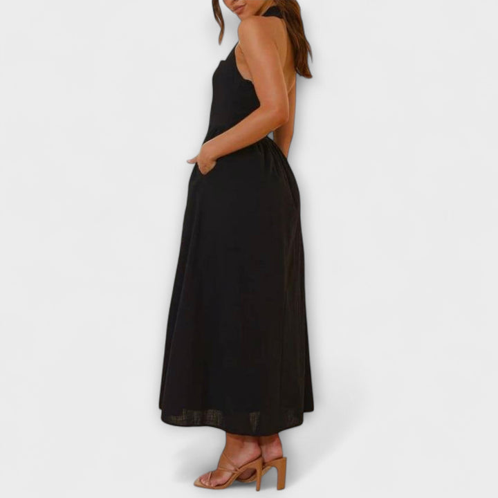 Lydia - Midi-Lengte Zwarte Halterjurk met Taille Detail