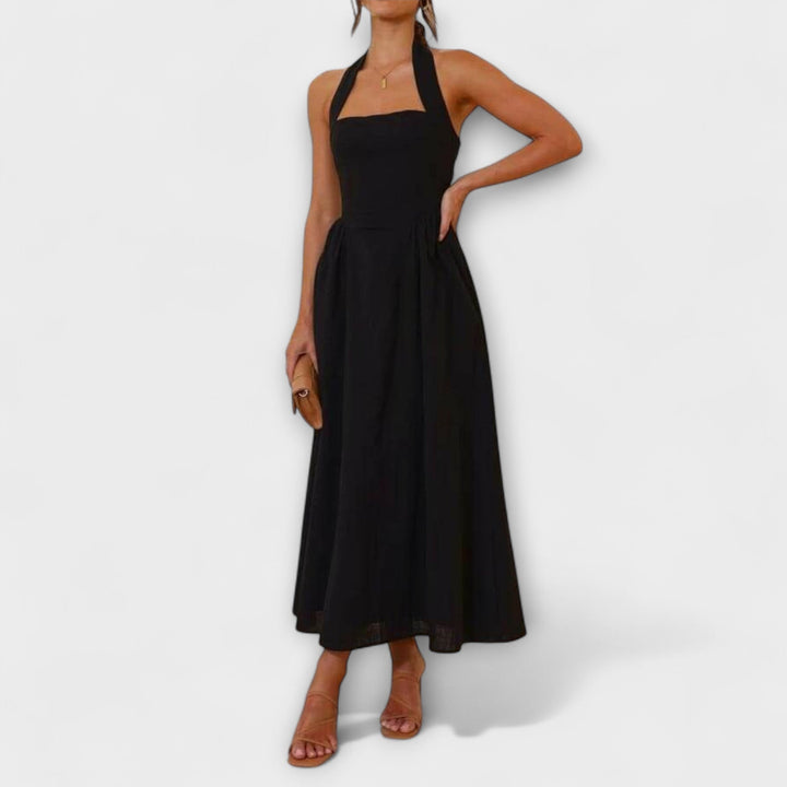 Lydia - Midi-Lengte Zwarte Halterjurk met Taille Detail