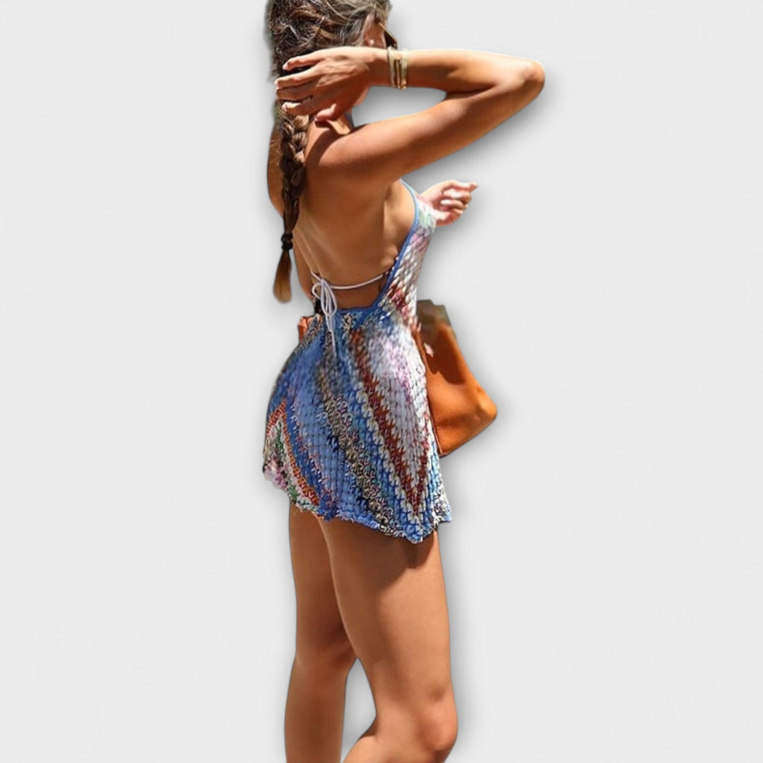 Helina - Kleurrijk gebreide rugloze halter-romper