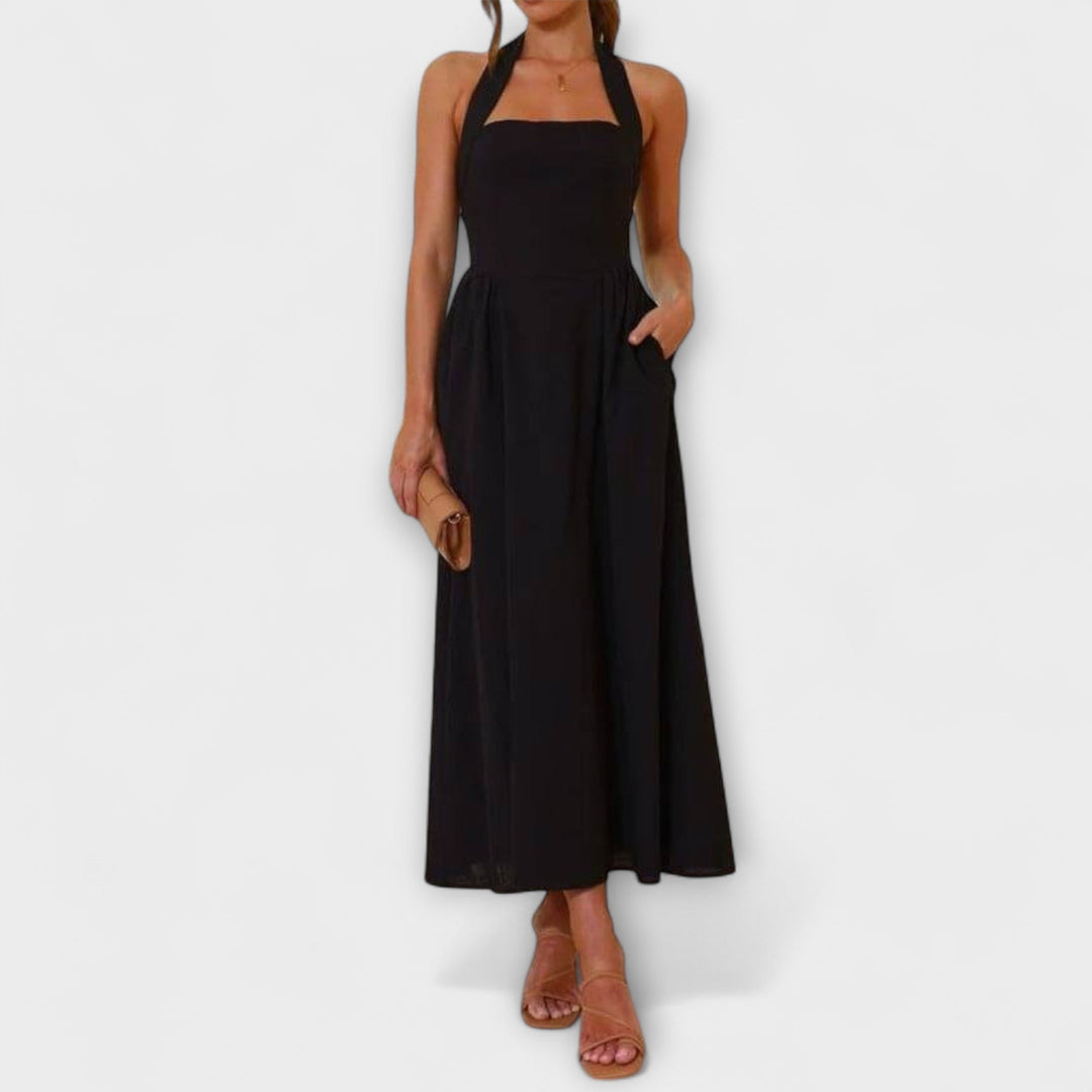Lydia - Midi-Lengte Zwarte Halterjurk met Taille Detail