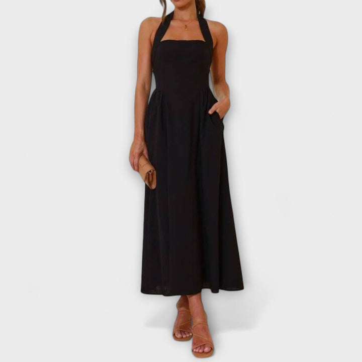 Lydia - Midi-Lengte Zwarte Halterjurk met Taille Detail