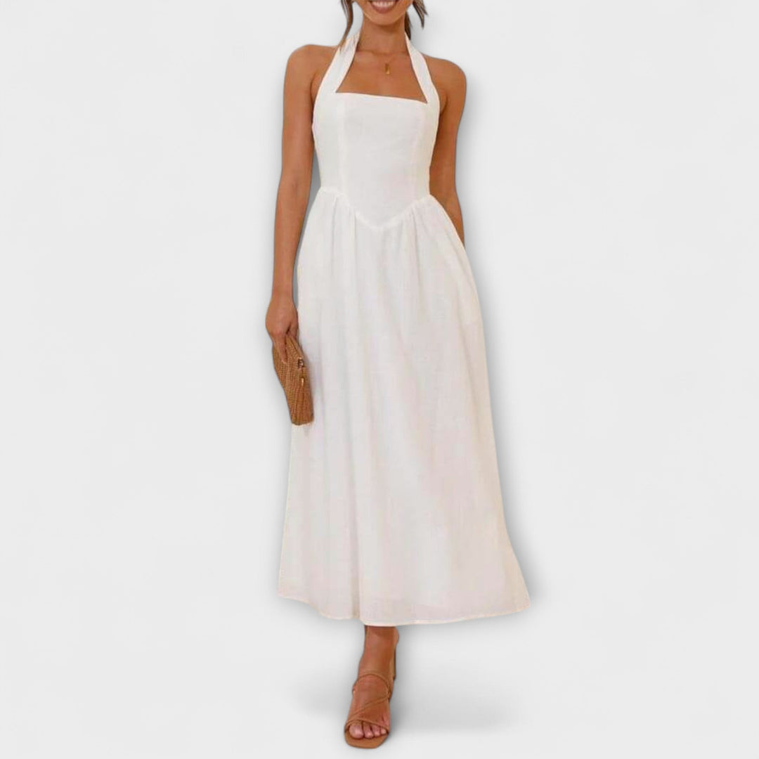 Lydia - Midi-Lengte Zwarte Halterjurk met Taille Detail