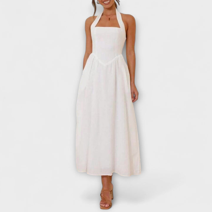 Lydia - Midi-Lengte Zwarte Halterjurk met Taille Detail