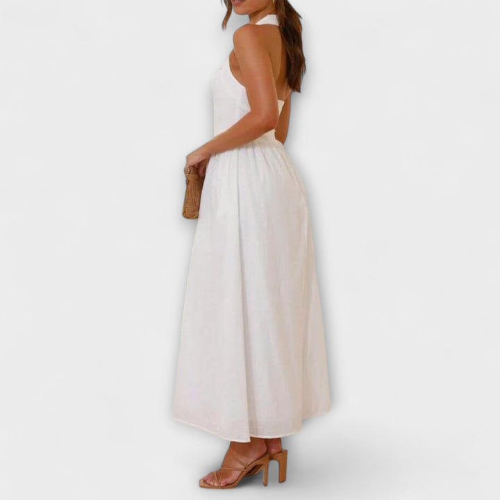 Lydia - Midi-Lengte Zwarte Halterjurk met Taille Detail