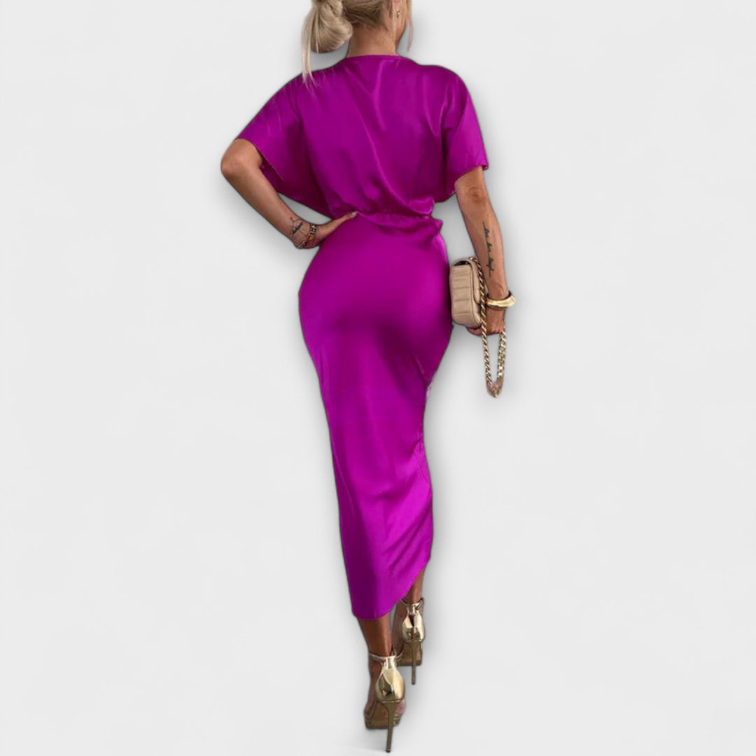 Sable - Solide Satijnen V-hals Knoop Slim Fit Maxi Jurk
