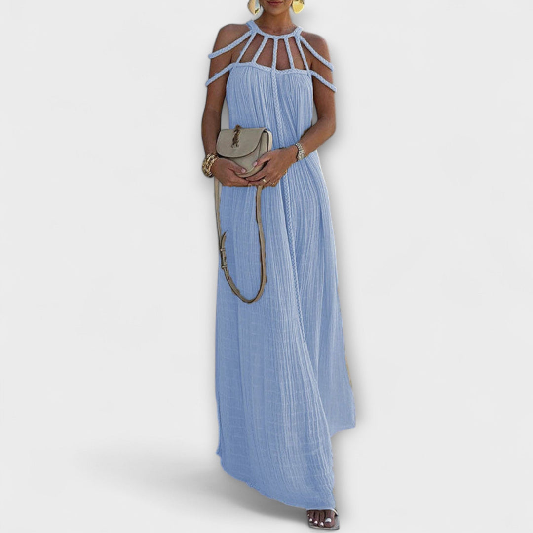 Briar - Een chique maxidress van gemengd weefsel met gedrapeerde vlechten