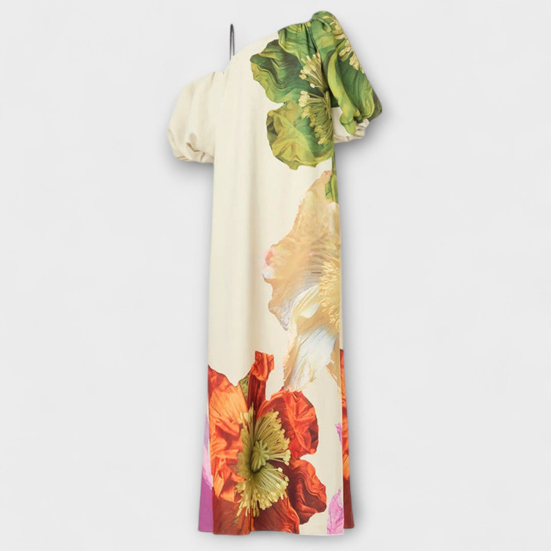Skylar - Maxikleed met bloemenprint, schuine halslijn en puffmouwen