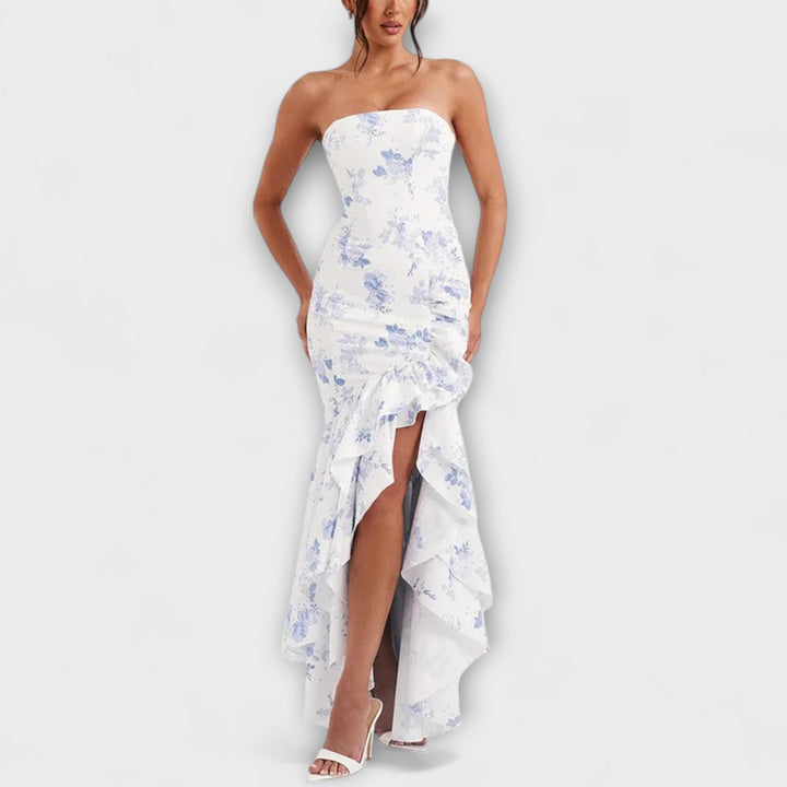 Zuri - Off-Shoulder Slim Fit Maxikleed met Asymmetrische Zoom