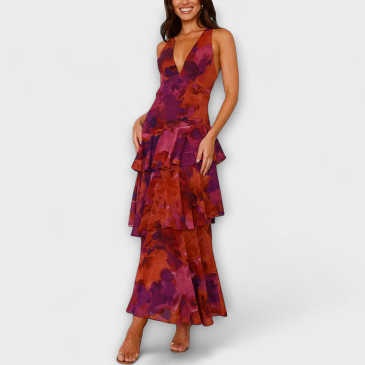 Domenica - Chiffon jurk met V-hals en vloeiende lagen