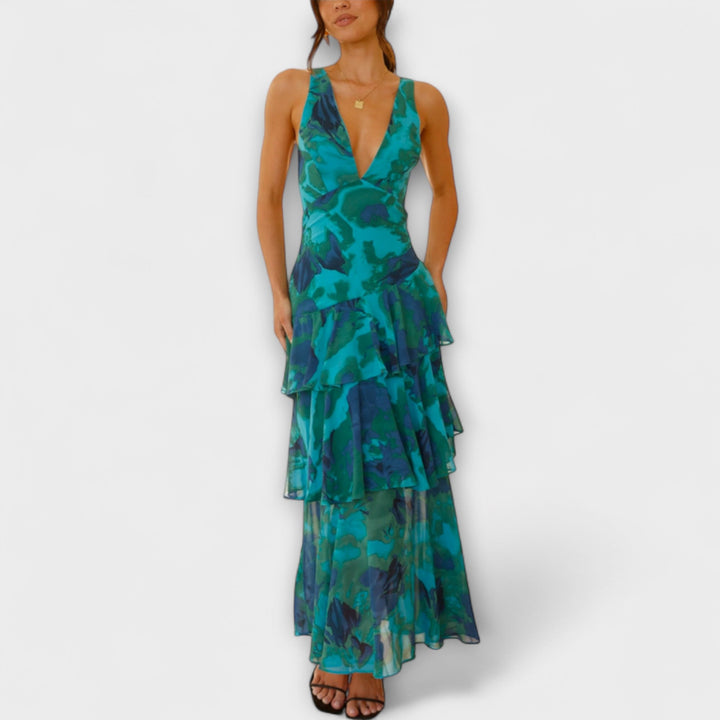 Domenica - Chiffon jurk met V-hals en vloeiende lagen