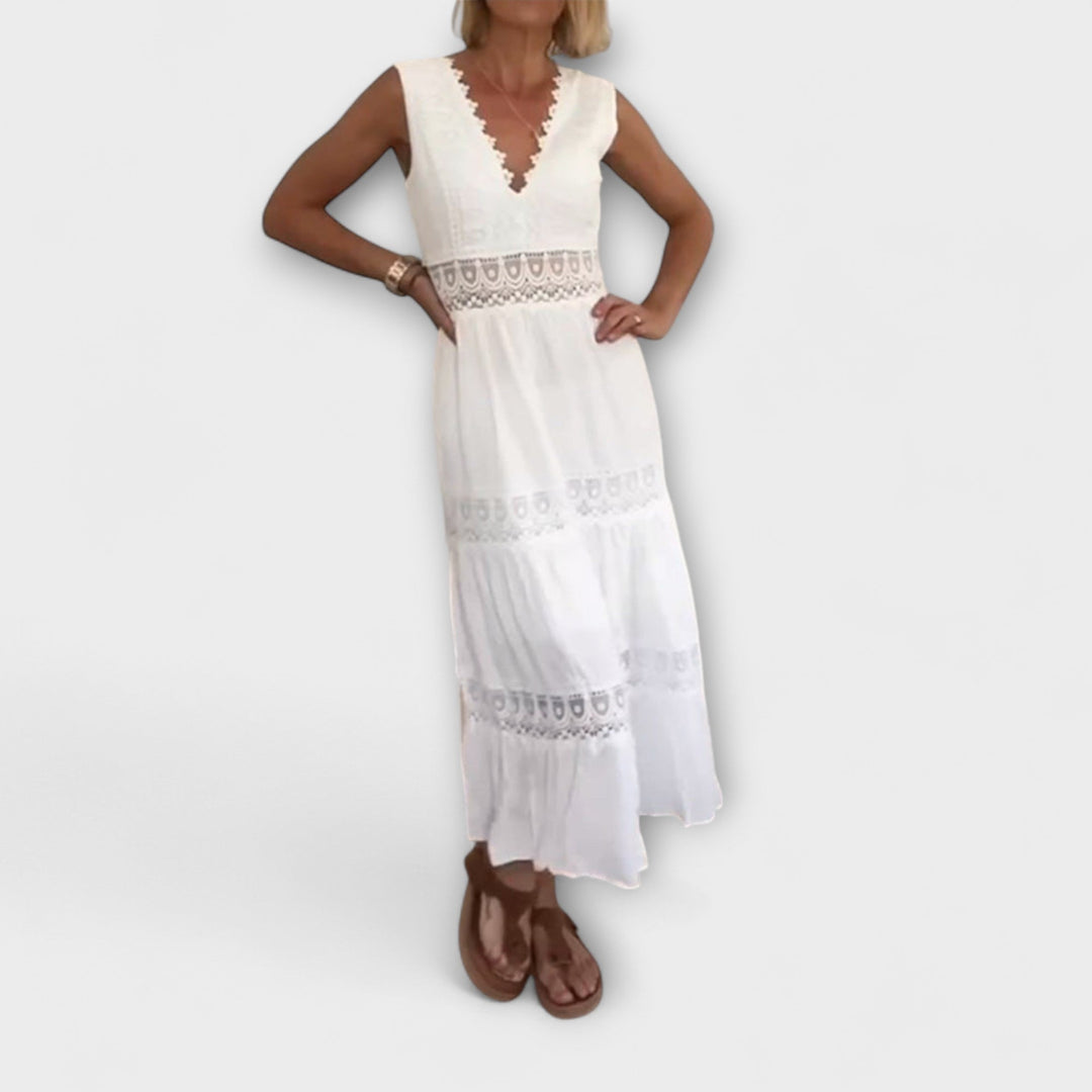 Ninfea Mouwloze Boho-Midikleed met Kantaccenten