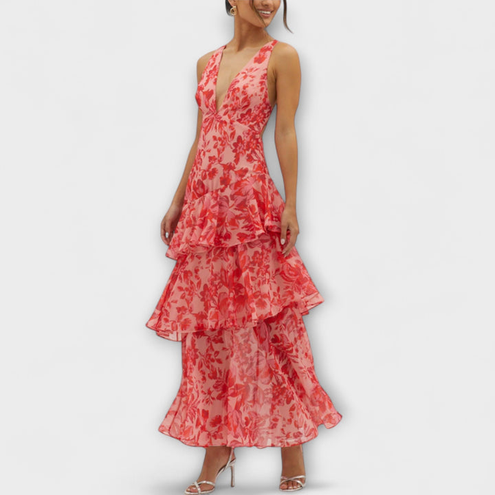 Domenica - Chiffon jurk met V-hals en vloeiende lagen