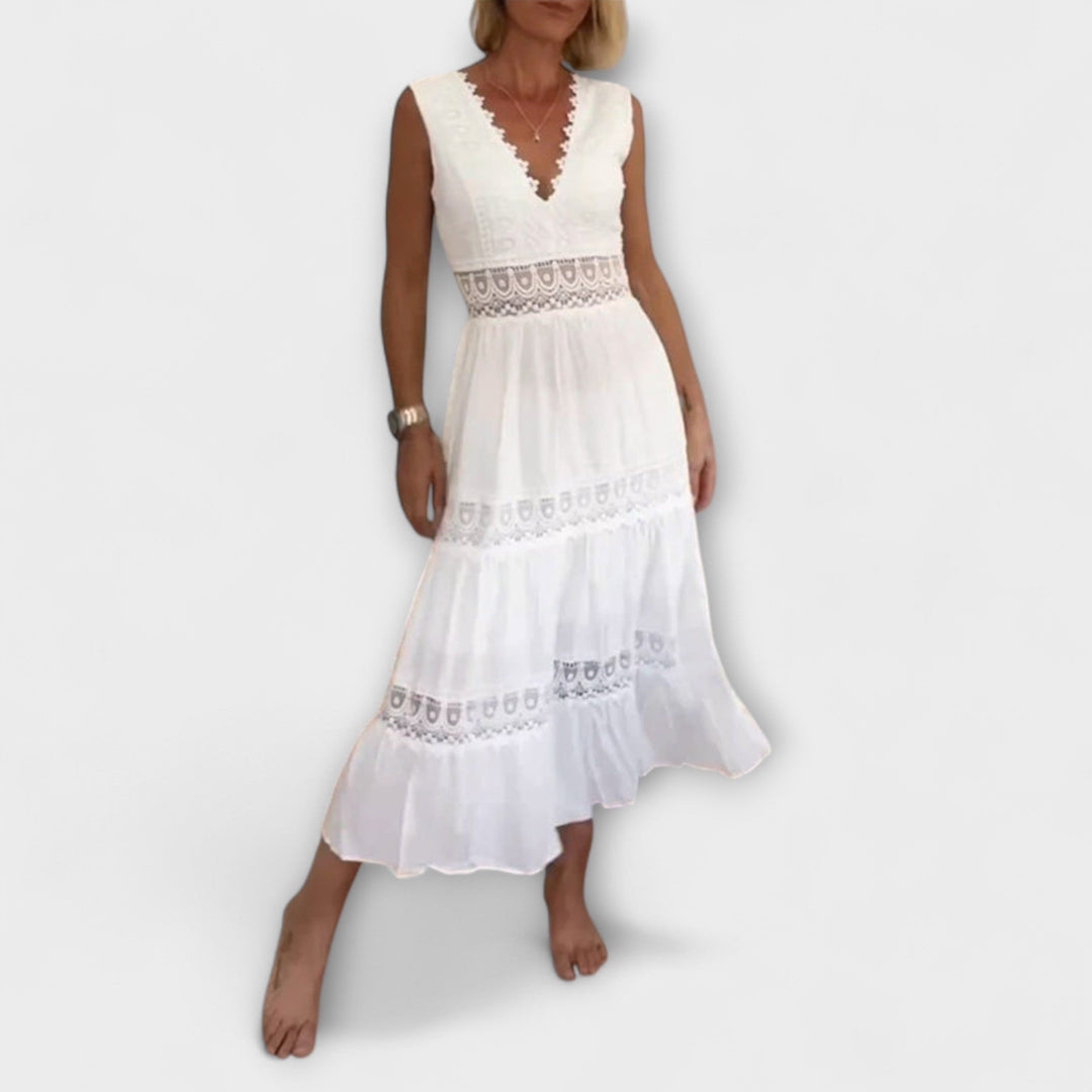 Ninfea Mouwloze Boho-Midikleed met Kantaccenten