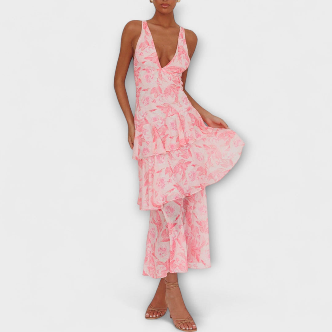 Domenica - Chiffon jurk met V-hals en vloeiende lagen