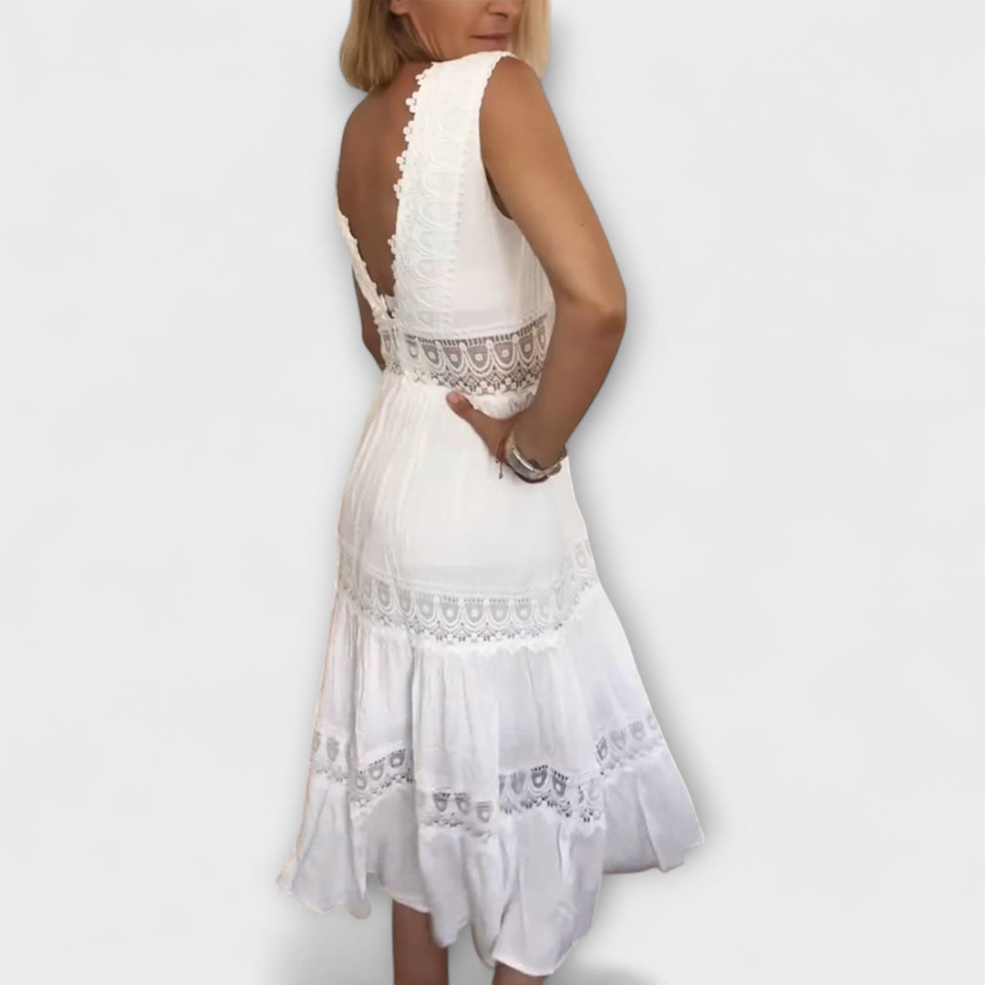 Ninfea Mouwloze Boho-Midikleed met Kantaccenten