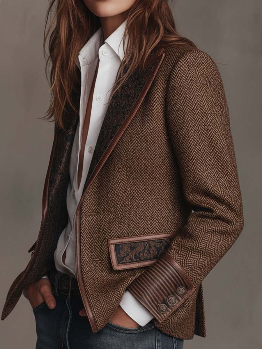 Ivanka | Blazer met visgraatmotief en revers met motief voor dames