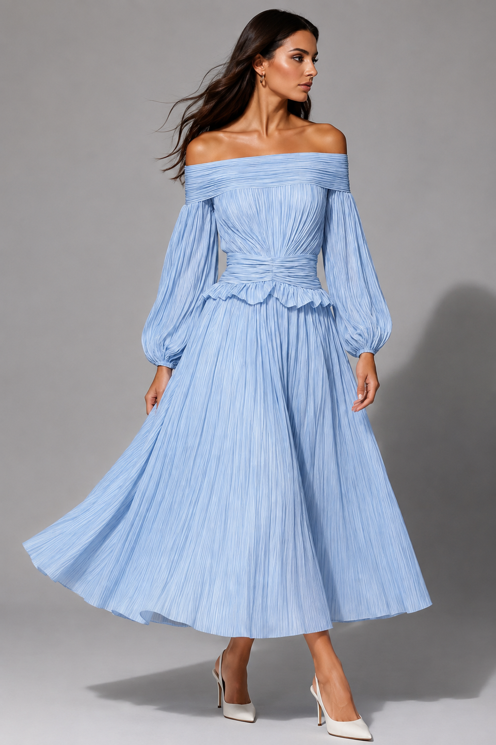 Mabel | Geplisseerde off-shoulder midijurk voor trouwgasten in de herfst