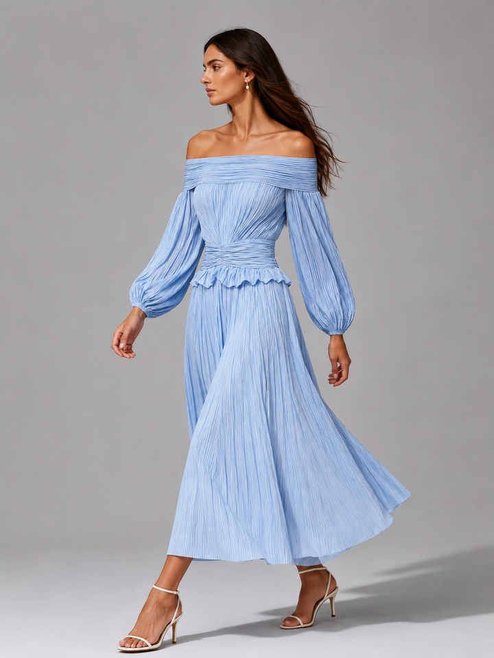 Mabel | Geplisseerde off-shoulder midijurk voor trouwgasten in de herfst