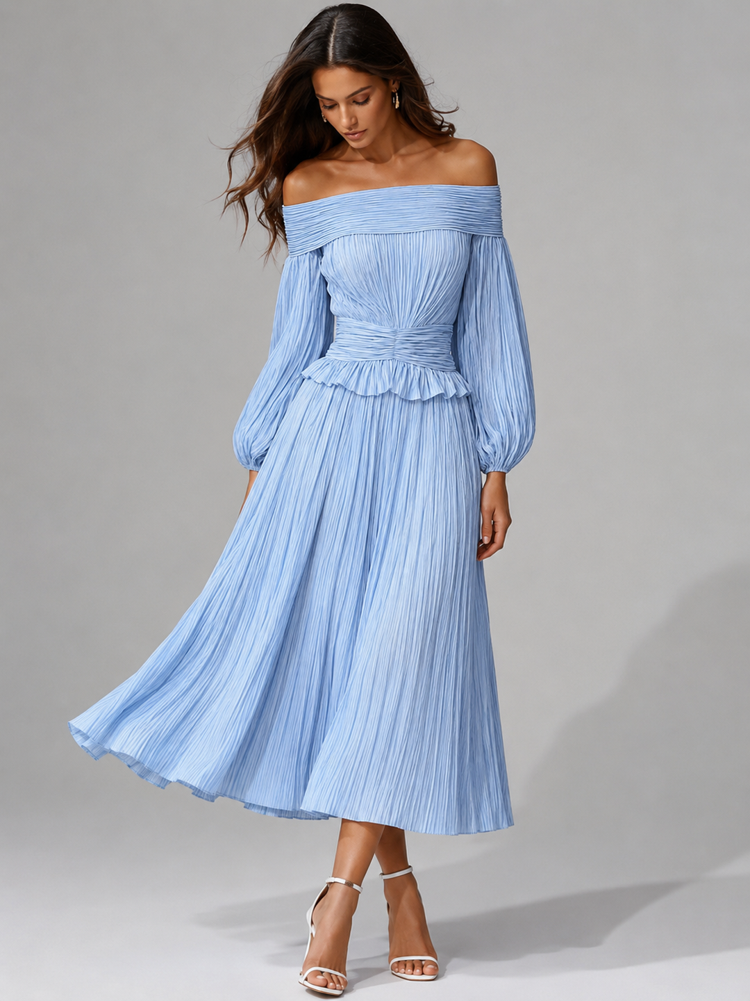 Mabel | Geplisseerde off-shoulder midijurk voor trouwgasten in de herfst