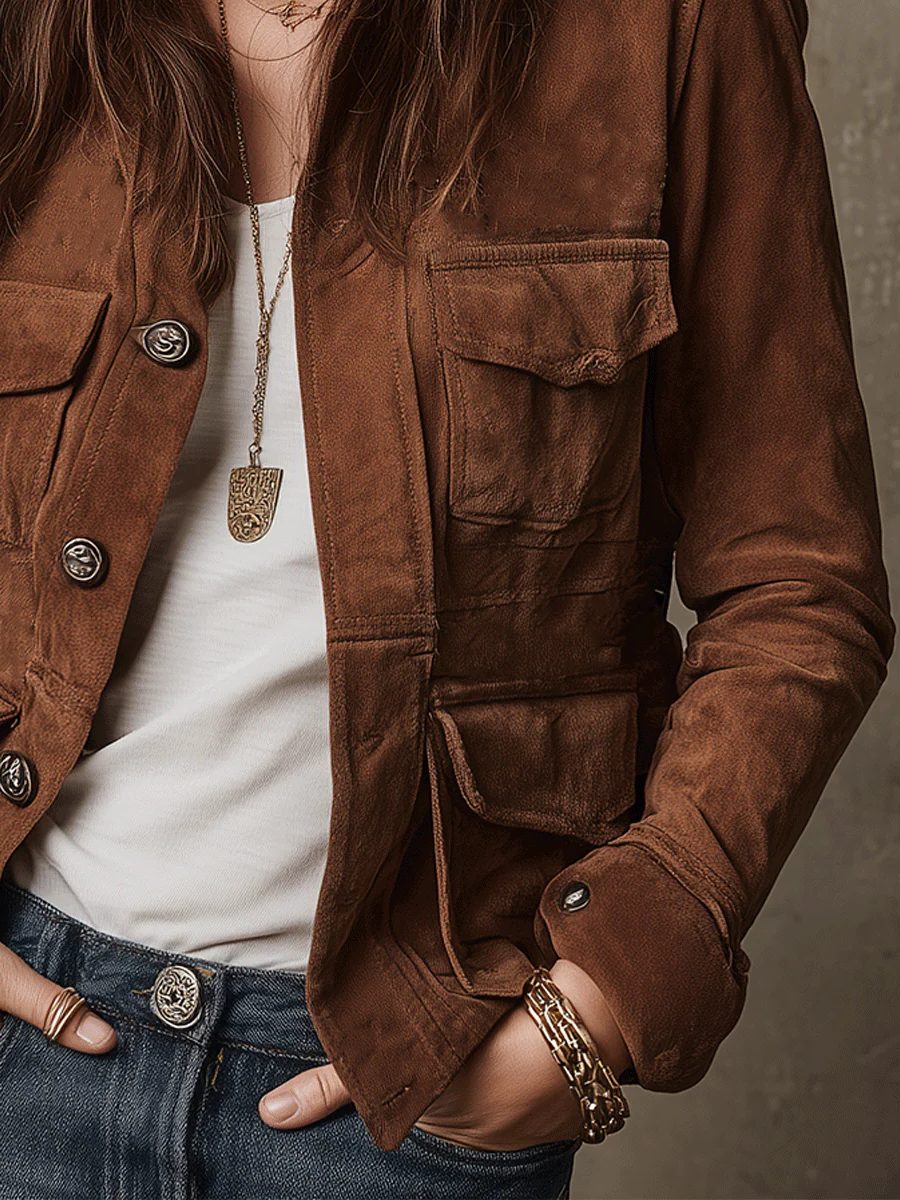 Marisol | Vintage suède utility jas met klepzakken voor dames