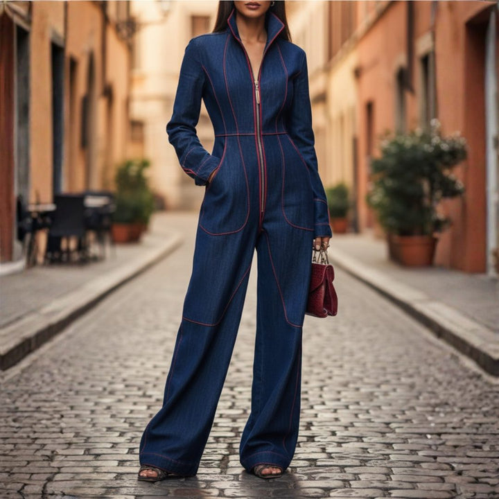 Marnie | Jeansjumpsuit met wijde pijpen en lange mouwen voor dames