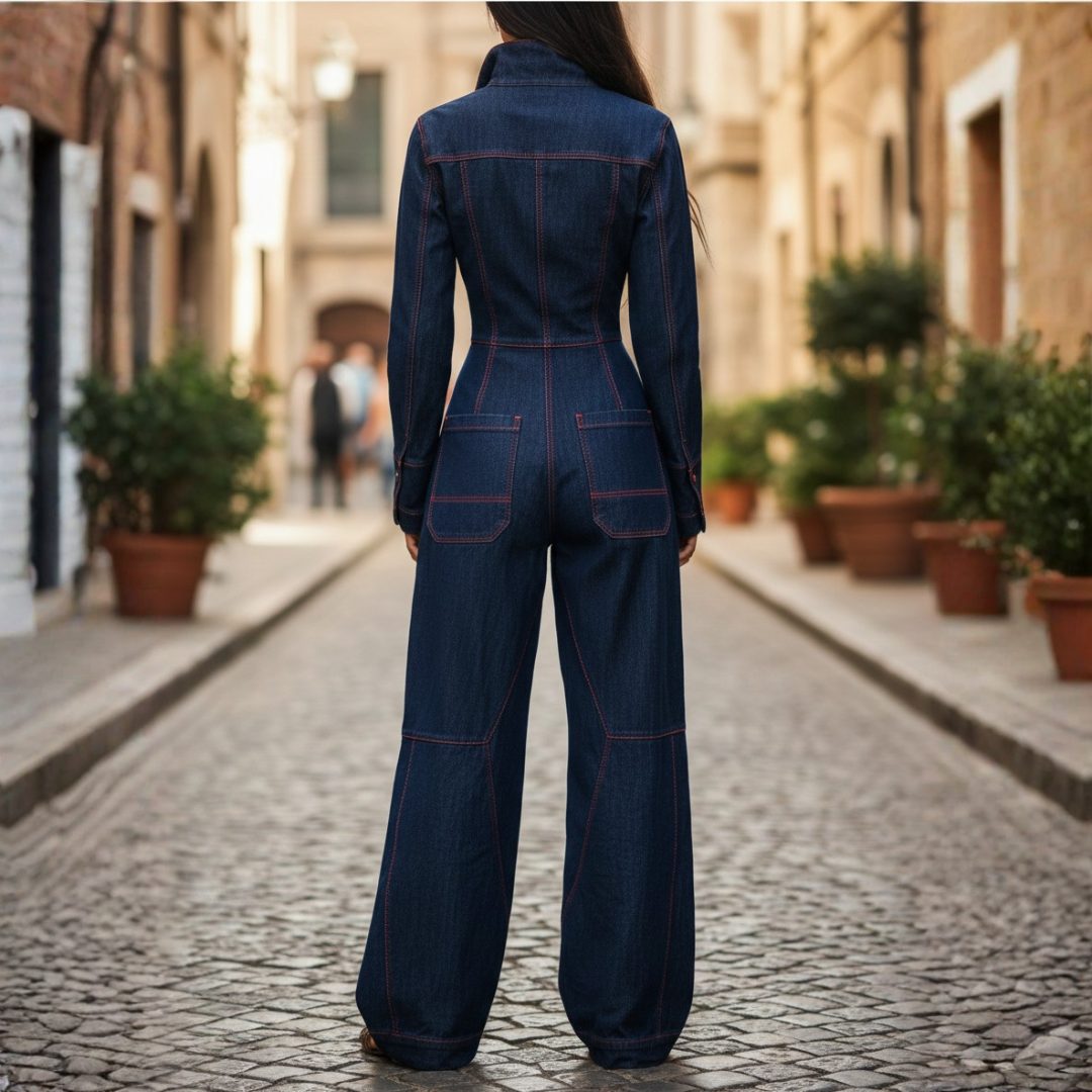 Marnie | Jeansjumpsuit met wijde pijpen en lange mouwen voor dames