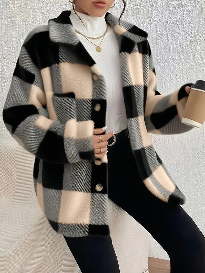 Maurelle | Geruite oversized jas in zachte pluche met knopen voor dames