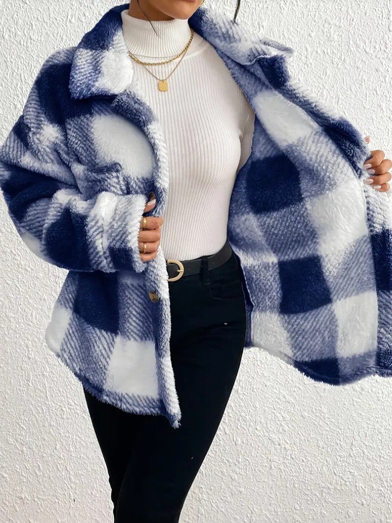 Maurelle | Geruite oversized jas in zachte pluche met knopen voor dames