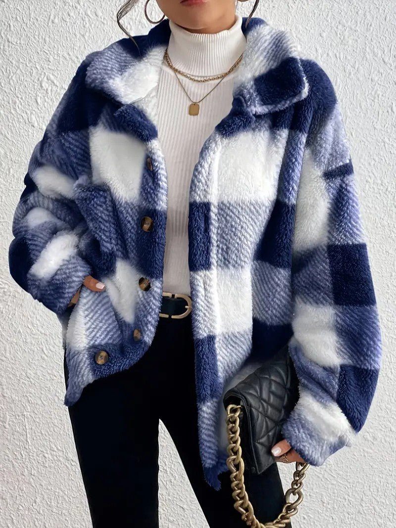 Maurelle | Geruite oversized jas in zachte pluche met knopen voor dames