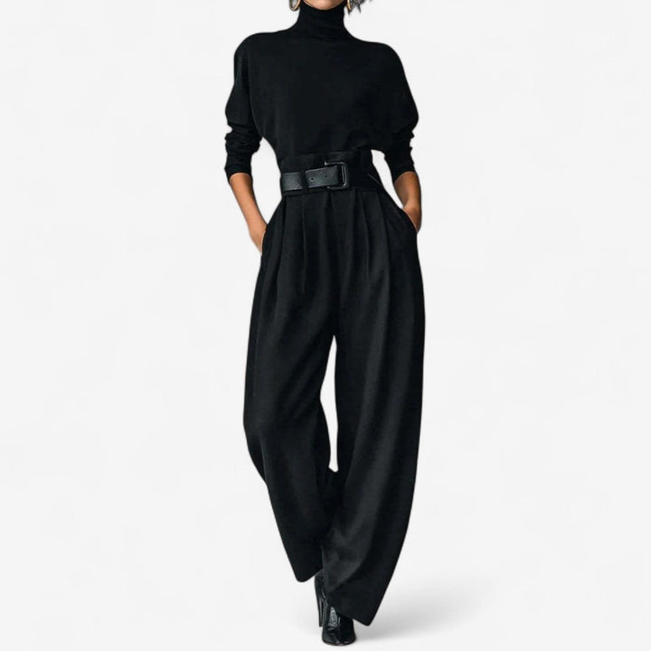 Oleander | Jumpsuit met wijde pijpen, col en riem voor dames