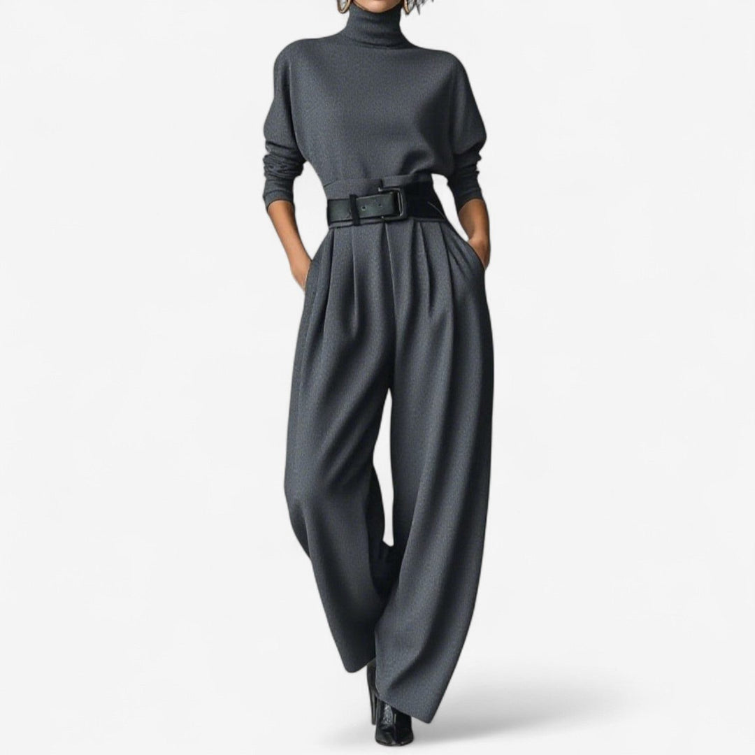 Oleander | Jumpsuit met wijde pijpen, col en riem voor dames