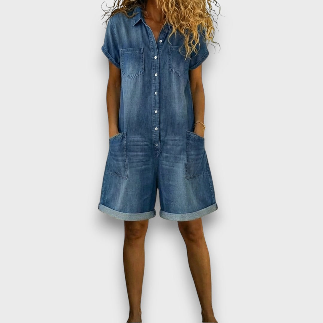 Cátia - Korte vintage jumpsuit van katoen met denimlook